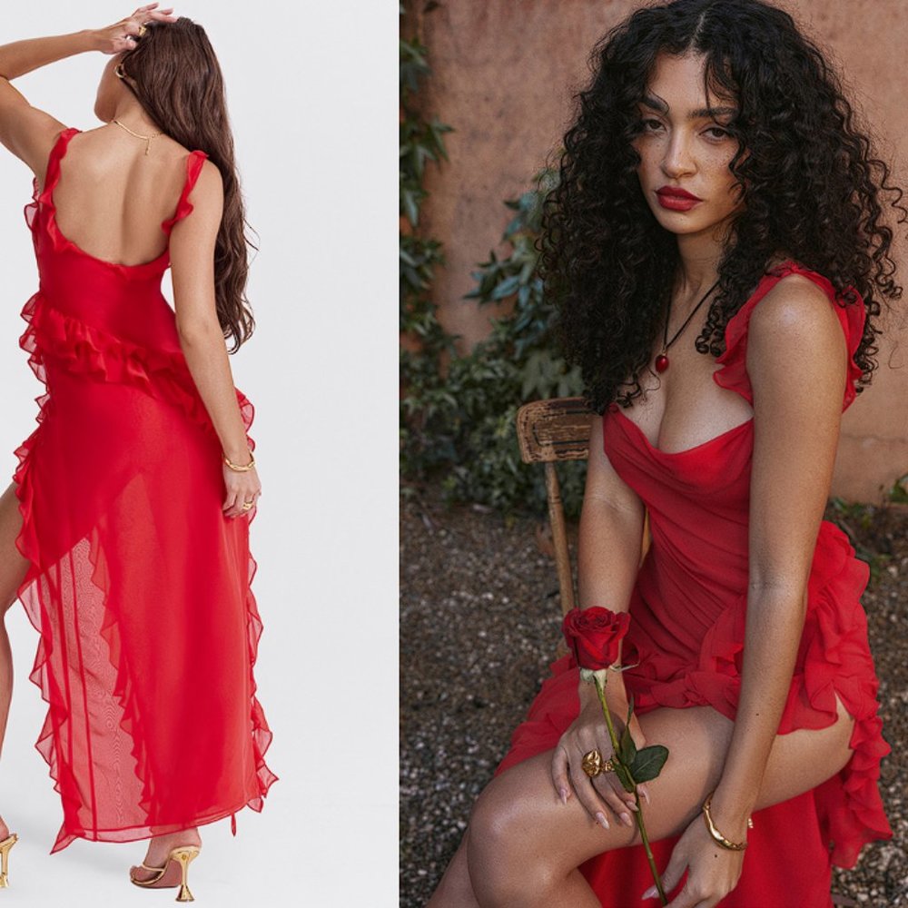 HOUSE OF CB 'Ariela' Cherry Ruffle Maxi Dress NWOT - Picture 4 of 11